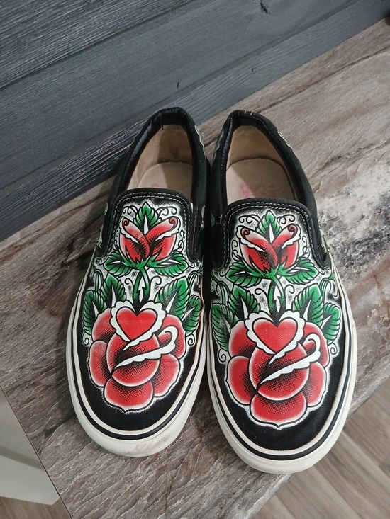 Vans Other - Vans Black Slip-On Loafers with Red Rose Tattoo Leaf Graphic Vintage Y2K